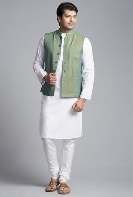 Fabindia Green Solid Nehru Jacket Fabindia Green Solid Nehru Jacket