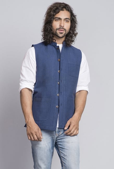 Fabindia Navy Solid Sleeveless Nehru Jacket Fabindia Navy Solid Sleeveless Nehru Jacket