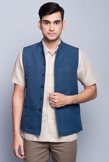 Fabindia Navy Solid Nehru Jacket Fabindia Navy Solid Nehru Jacket