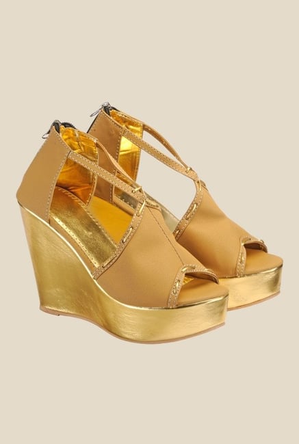 Nell Beige & Golden Wedge Heeled Sandals Nell Beige & Golden Wedge Heeled Sandals