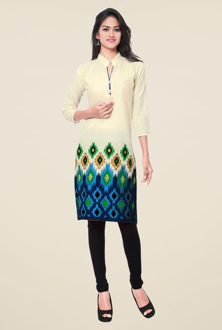 Triveni Beige & Blue Printed Blended Cotton Kurta Triveni Beige & Blue Printed Blended Cotton Kurta