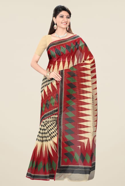 Triveni Beige & Red Printed Blended Cotton Saree Triveni Beige & Red Printed Blended Cotton Saree