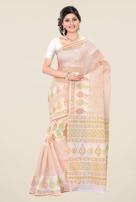 Triveni Off-White & Orange Printed Blended Cotton Saree Triveni Off-White & Orange Printed Blended Cotton Saree