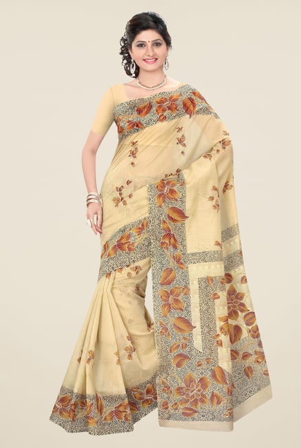 Triveni Dark Beige Floral Print Blended Cotton Saree Triveni Dark Beige Floral Print Blended Cotton Saree