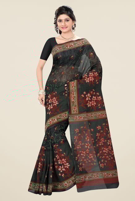 Triveni Black Floral Print Blended Cotton Saree Triveni Black Floral Print Blended Cotton Saree