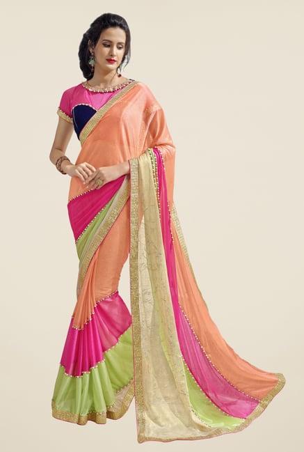Triveni Peach & Pink Solid Lycra Saree Triveni Peach & Pink Solid Lycra Saree