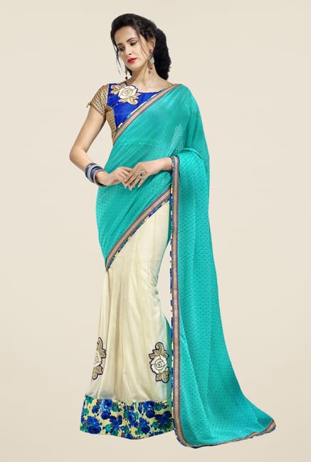 Triveni Turquoise & Cream Embroidered Lycra Saree Triveni Turquoise & Cream Embroidered Lycra Saree