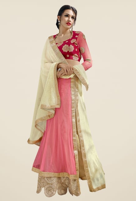 Triveni Beige & Pink Faux Georgette & Lycra Saree Triveni Beige & Pink Faux Georgette & Lycra Saree