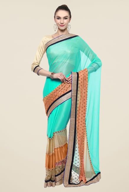 Triveni Turquoise & Beige Solid Lycra Saree Triveni Turquoise & Beige Solid Lycra Saree