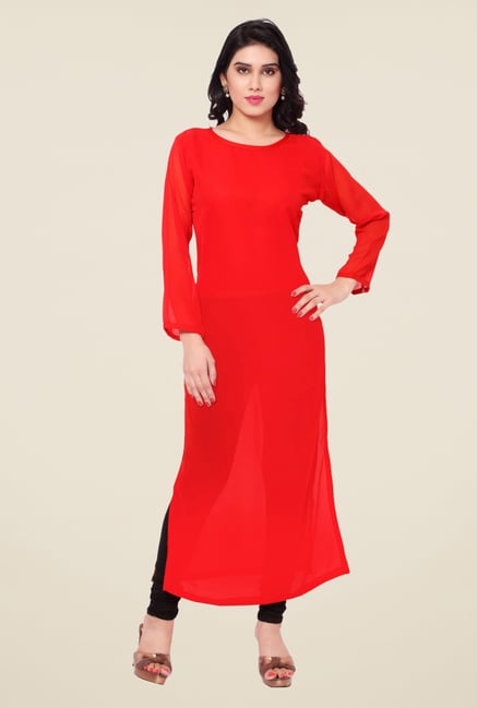 Triveni Red Solid Faux Georgette Kurta Triveni Red Solid Faux Georgette Kurta