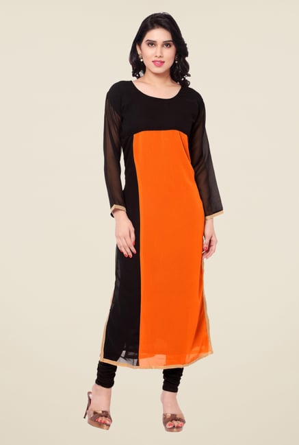 Triveni Black & Orange Solid Faux Georgette Kurta Triveni Black & Orange Solid Faux Georgette Kurta