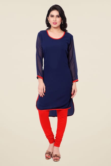 Triveni Navy Solid Faux Georgette Kurta Triveni Navy Solid Faux Georgette Kurta