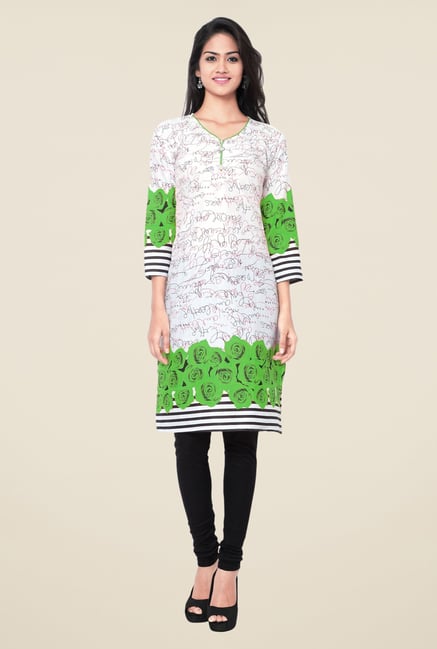 Triveni Off-White & Green Printed Blended Cotton Kurta Triveni Off-White & Green Printed Blended Cotton Kurta