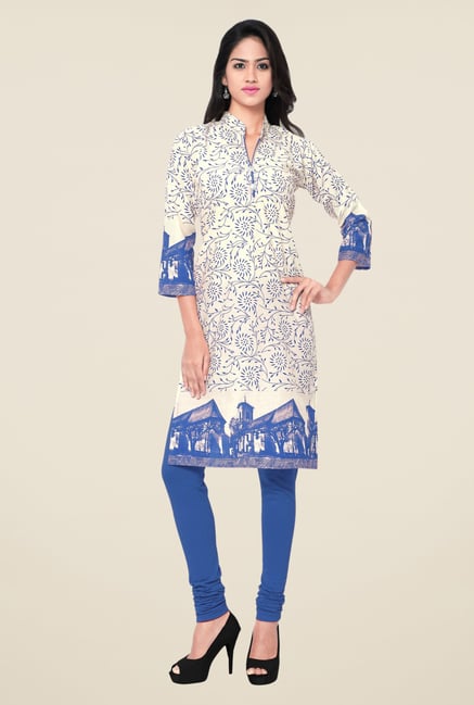 Triveni Beige & Blue Printed Blended Cotton Kurta Triveni Beige & Blue Printed Blended Cotton Kurta