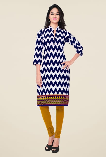 Triveni White & Navy Printed Blended Cotton Kurta Triveni White & Navy Printed Blended Cotton Kurta