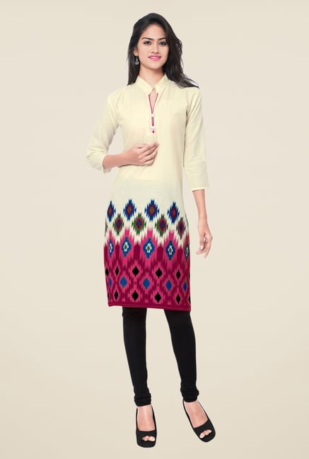 Triveni Beige & Pink Printed Blended Cotton Kurta Triveni Beige & Pink Printed Blended Cotton Kurta