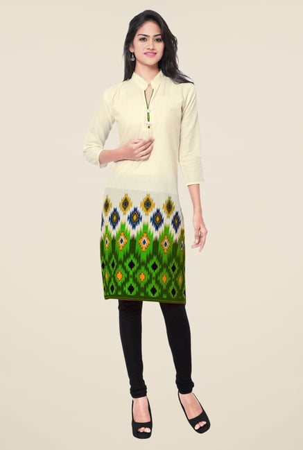 Triveni Beige & Green Printed Blended Cotton Kurta Triveni Beige & Green Printed Blended Cotton Kurta