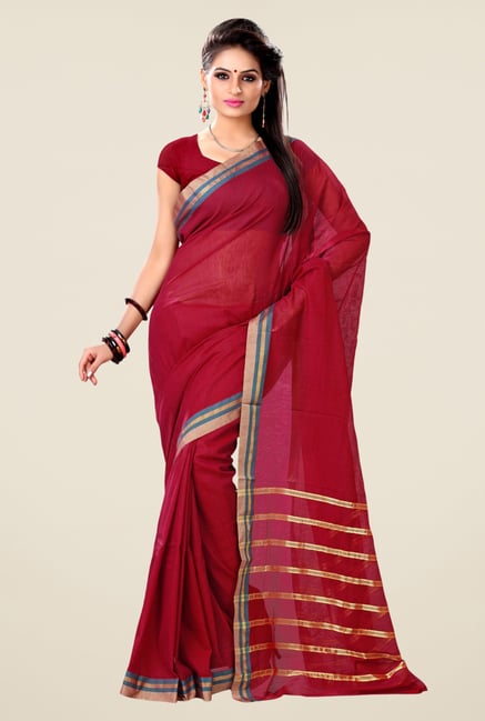 Triveni Maroon Solid Blended Cotton Saree Triveni Maroon Solid Blended Cotton Saree