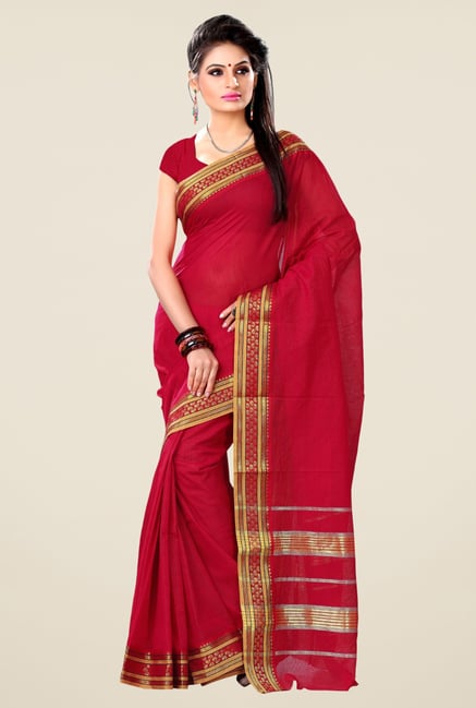 Triveni Red Solid Blended Cotton Saree Triveni Red Solid Blended Cotton Saree