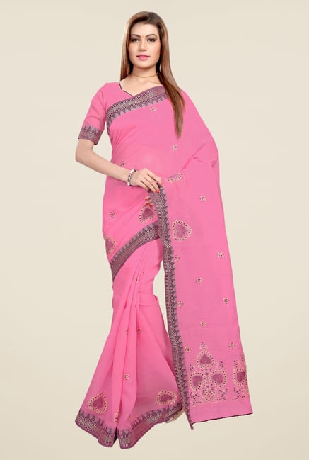 Triveni Pink Embroidered Blended Cotton Saree Triveni Pink Embroidered Blended Cotton Saree