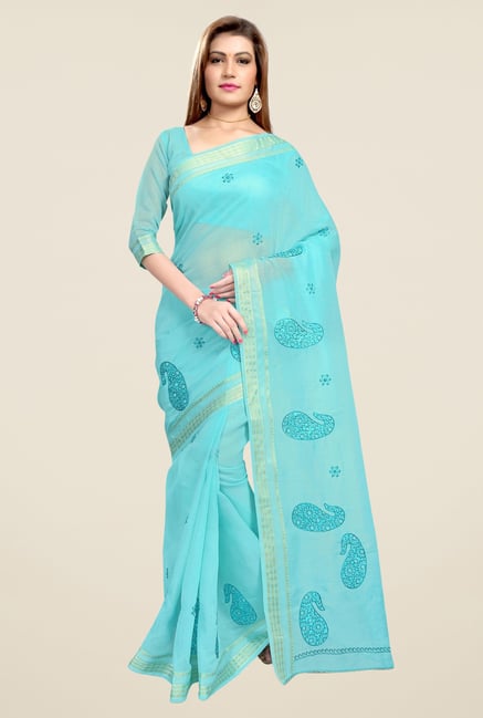 Triveni Sky Blue Paisley Print Blended Cotton Saree Triveni Sky Blue Paisley Print Blended Cotton Saree