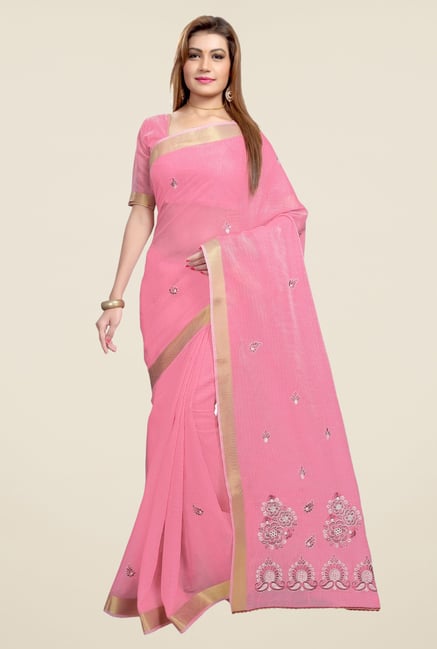 Triveni Pink Embroidered Blended Cotton Saree Triveni Pink Embroidered Blended Cotton Saree