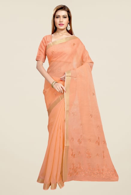 Triveni Orange Embroidered Blended Cotton Saree Triveni Orange Embroidered Blended Cotton Saree