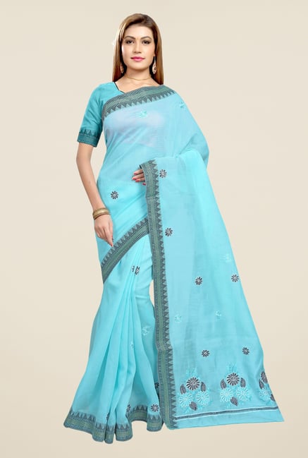 Triveni Sky Blue Embroidered Blended Cotton Saree Triveni Sky Blue Embroidered Blended Cotton Saree