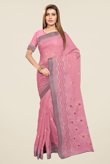 Triveni Pink Embroidered Blended Cotton Saree Triveni Pink Embroidered Blended Cotton Saree