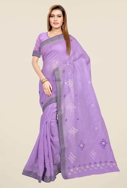 Triveni Purple Embroidered Blended Cotton Saree Triveni Purple Embroidered Blended Cotton Saree