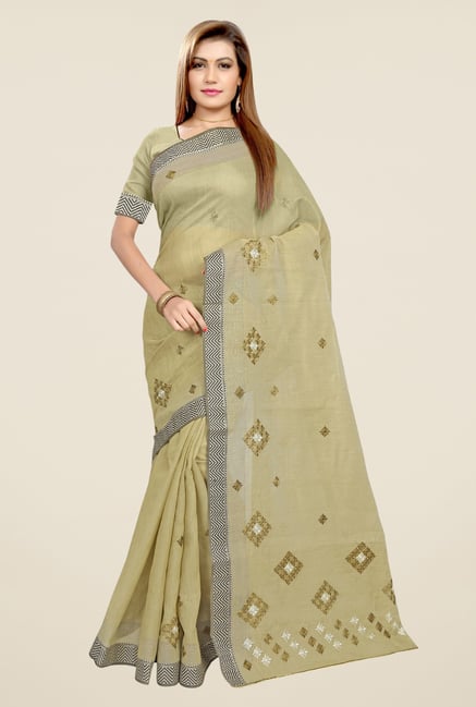 Triveni Khaki & Black Embroidered Blended Cotton Saree Triveni Khaki & Black Embroidered Blended Cotton Saree