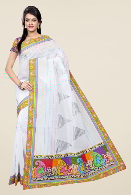 Triveni White Printed Blended Cotton Saree Triveni White Printed Blended Cotton Saree