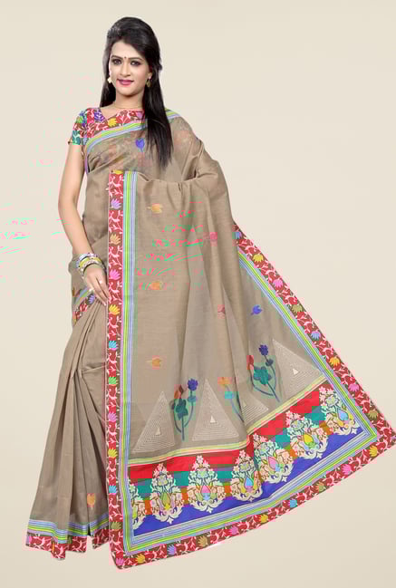 Triveni Brown Embroidered Blended Cotton Saree Triveni Brown Embroidered Blended Cotton Saree