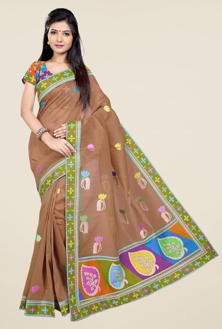 Triveni Brown Embroidered Blended Cotton Saree Triveni Brown Embroidered Blended Cotton Saree