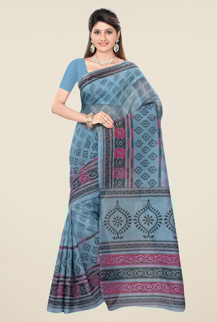 Triveni Blue Printed Blended Cotton Saree Triveni Blue Printed Blended Cotton Saree