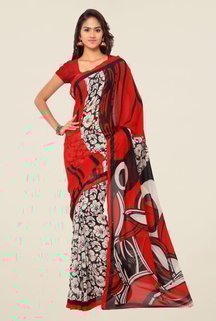 Triveni Red & Black Floral Print Faux Georgette Saree Triveni Red & Black Floral Print Faux Georgette Saree