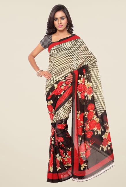 Triveni Beige & Red Floral Print Faux Georgette Saree Triveni Beige & Red Floral Print Faux Georgette Saree