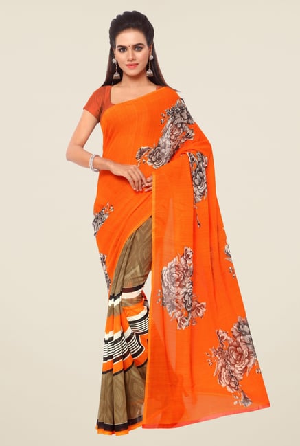Triveni Orange Floral Print Faux Georgette Saree Triveni Orange Floral Print Faux Georgette Saree