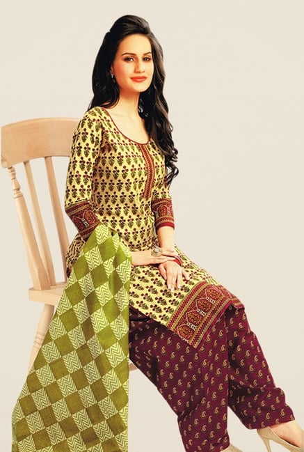 Salwar Studio Yellow & Maroon Floral Print Dress Material Salwar Studio Yellow & Maroon Floral Print Dress Material