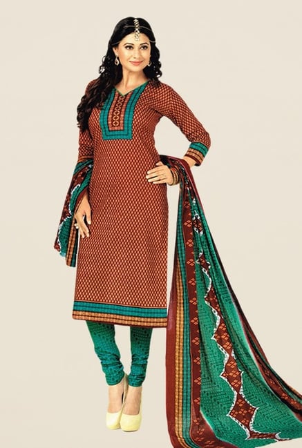 Salwar Studio Brown & Green Floral Print Dress Material Salwar Studio Brown & Green Floral Print Dress Material
