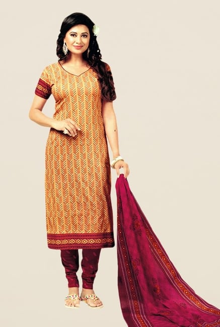 Salwar Studio Beige & Magenta Printed Cotton Dress Material Salwar Studio Beige & Magenta Printed Cotton Dress Material