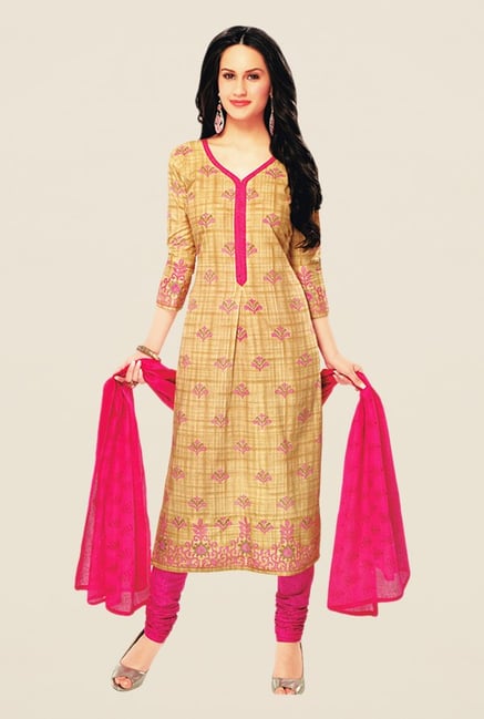 Salwar Studio Beige & Pink Floral Print Dress Material Salwar Studio Beige & Pink Floral Print Dress Material