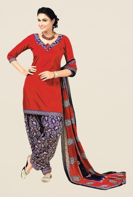 Salwar Studio Red & Blue Floral Print Cotton Dress Material Salwar Studio Red & Blue Floral Print Cotton Dress Material