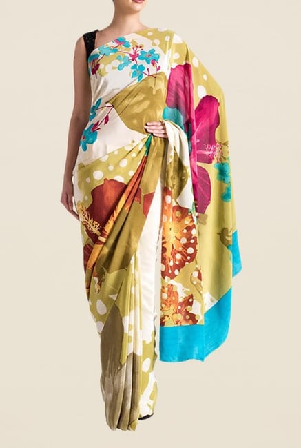 Satya Paul Olive & Off White Crepe Saree Satya Paul Olive & Off White Crepe Saree