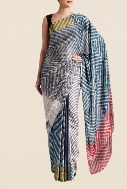 Satya Paul Blue & Grey Crepe Saree Satya Paul Blue & Grey Crepe Saree