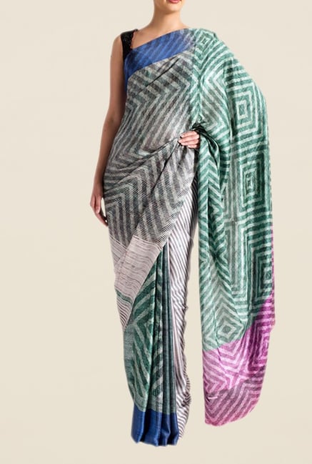 Satya Paul Green & Grey Crepe Saree Satya Paul Green & Grey Crepe Saree