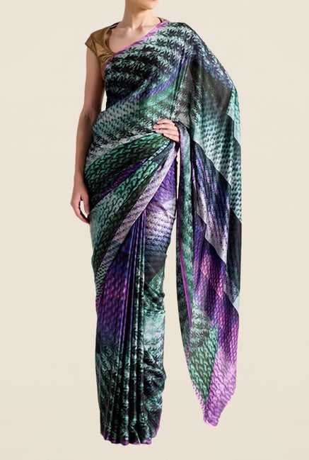 Satya Paul Green & Purple Super Georgette Satin Saree Satya Paul Green & Purple Super Georgette Satin Saree