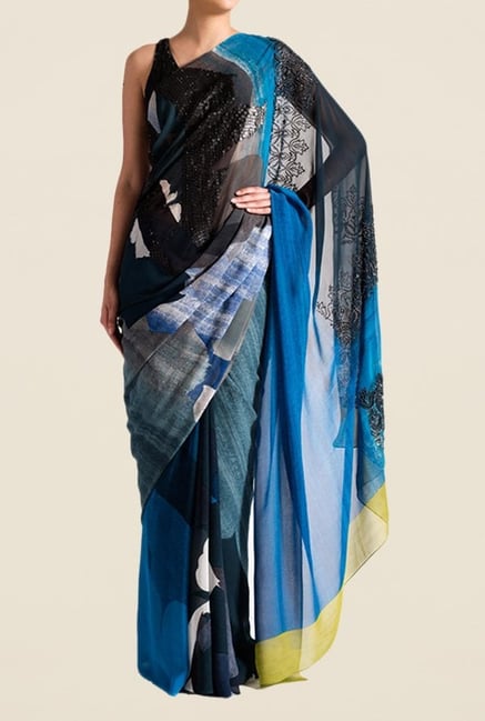 Satya Paul Blue & Black Georgette Saree Satya Paul Blue & Black Georgette Saree