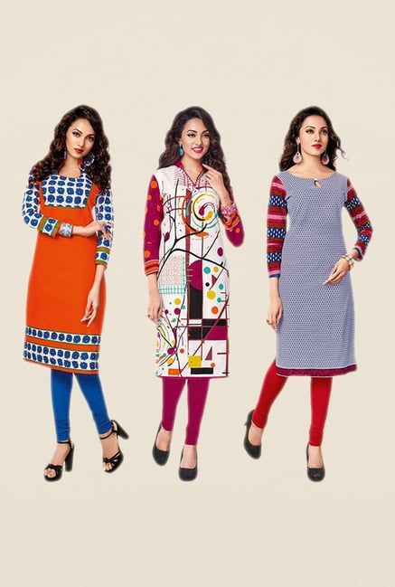 Salwar Studio Pink,Orange,Blue Unstitched Kurta (Pk Of 3) Salwar Studio Pink,Orange,Blue Unstitched Kurta (Pk Of 3)