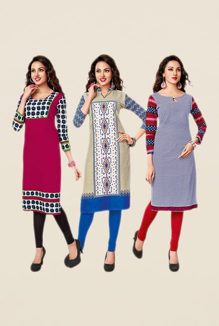 Salwar Studio Pink,Beige,Blue Unstitched Kurta (Pk Of 3) Salwar Studio Pink,Beige,Blue Unstitched Kurta (Pk Of 3)